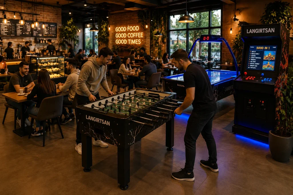 Kafe oyun makineleri ile müşteri deneyimini artıran modern kafe alanı