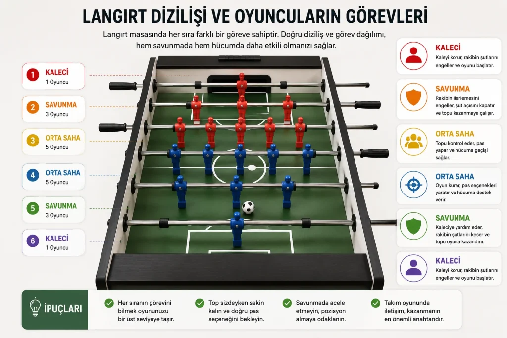 Langırt dizilişi, kaleci, savunma, orta saha ve hücum oyuncularının görevleri